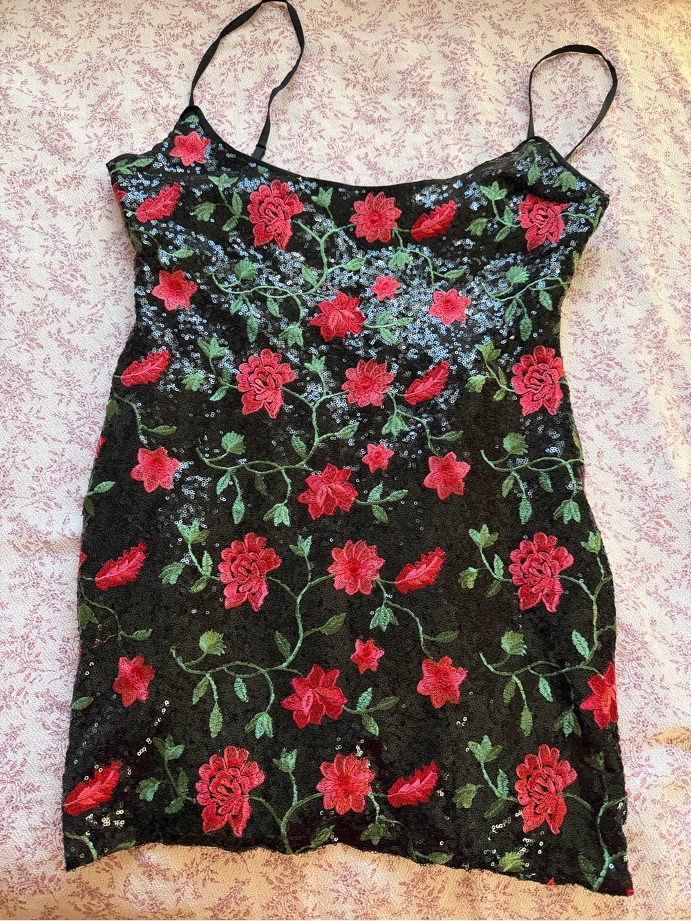 Black Floral Sequin Mini Dress with Red Embroidery